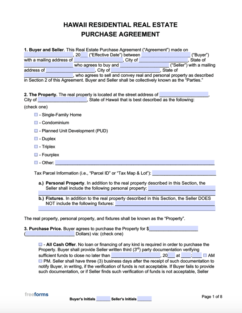 Free Hawaii Real Estate Purchase Agreement Template PDF WORD