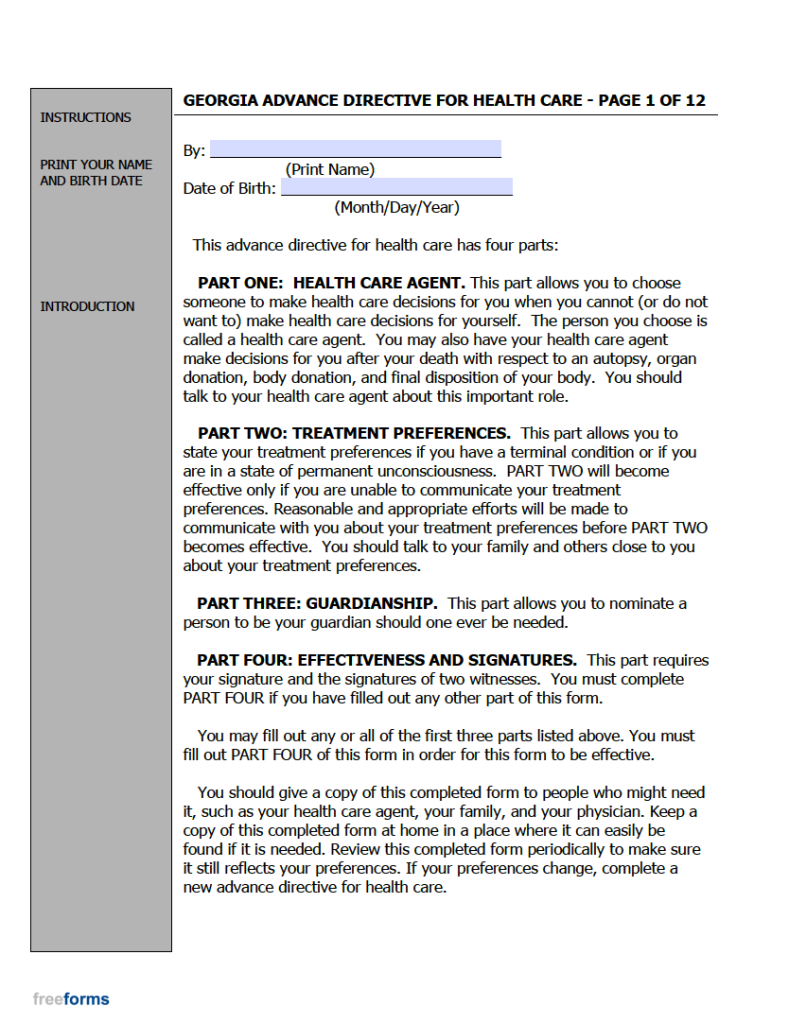 Free Georgia Advance Directive Form Medical Poa Living Will Pdf