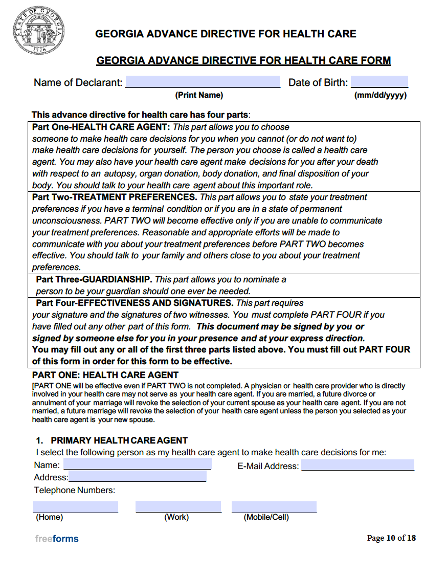 Free Georgia Advance Directive Form Medical Poa Living Will Pdf