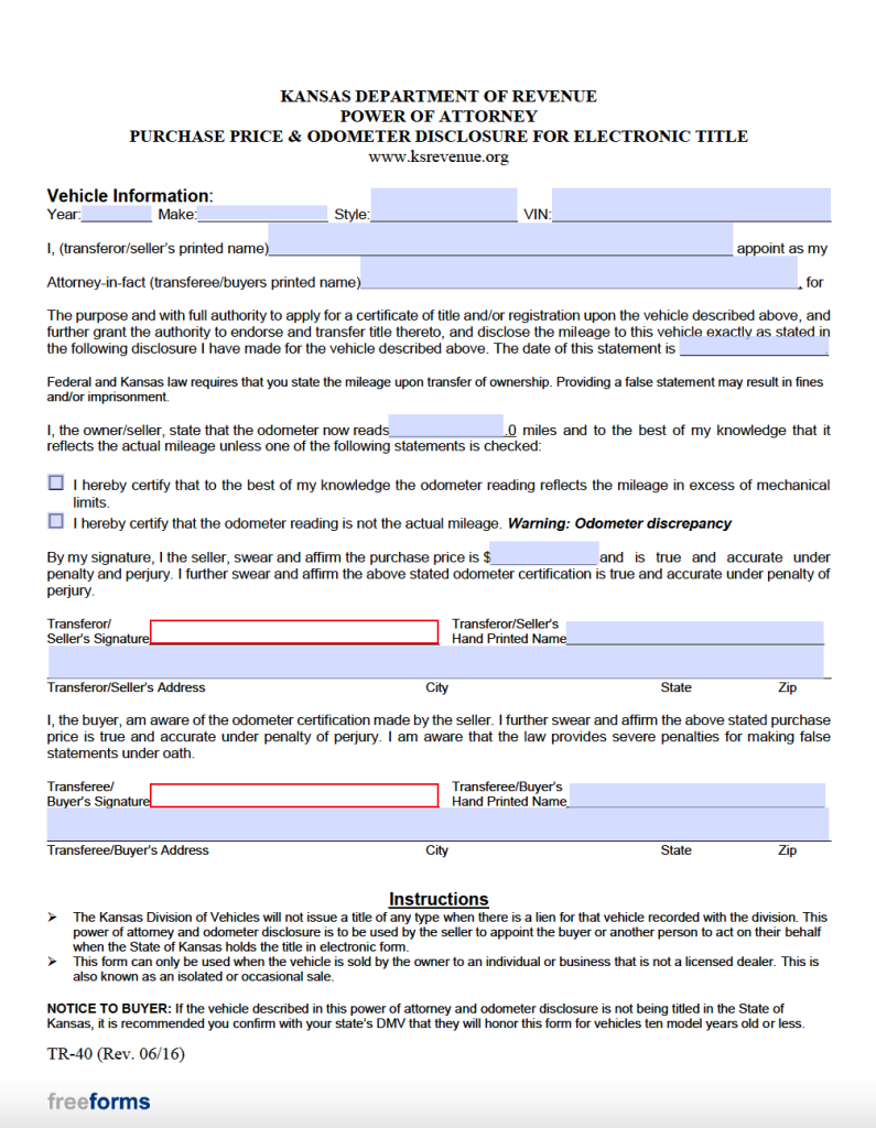 Free Kansas Motor Vehicle Power Of Attorney Form PDF