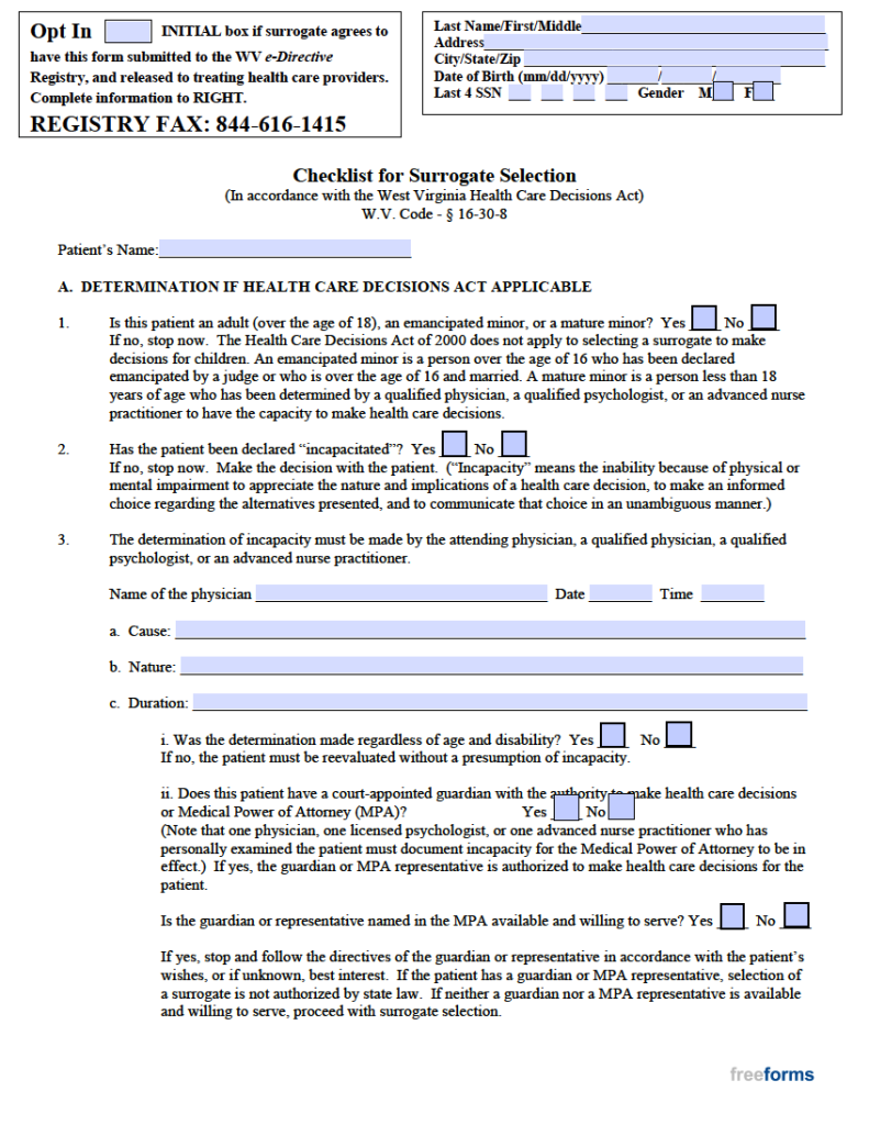 Free West Virginia Advance Directive Form Medical Poa Living Will Pdf