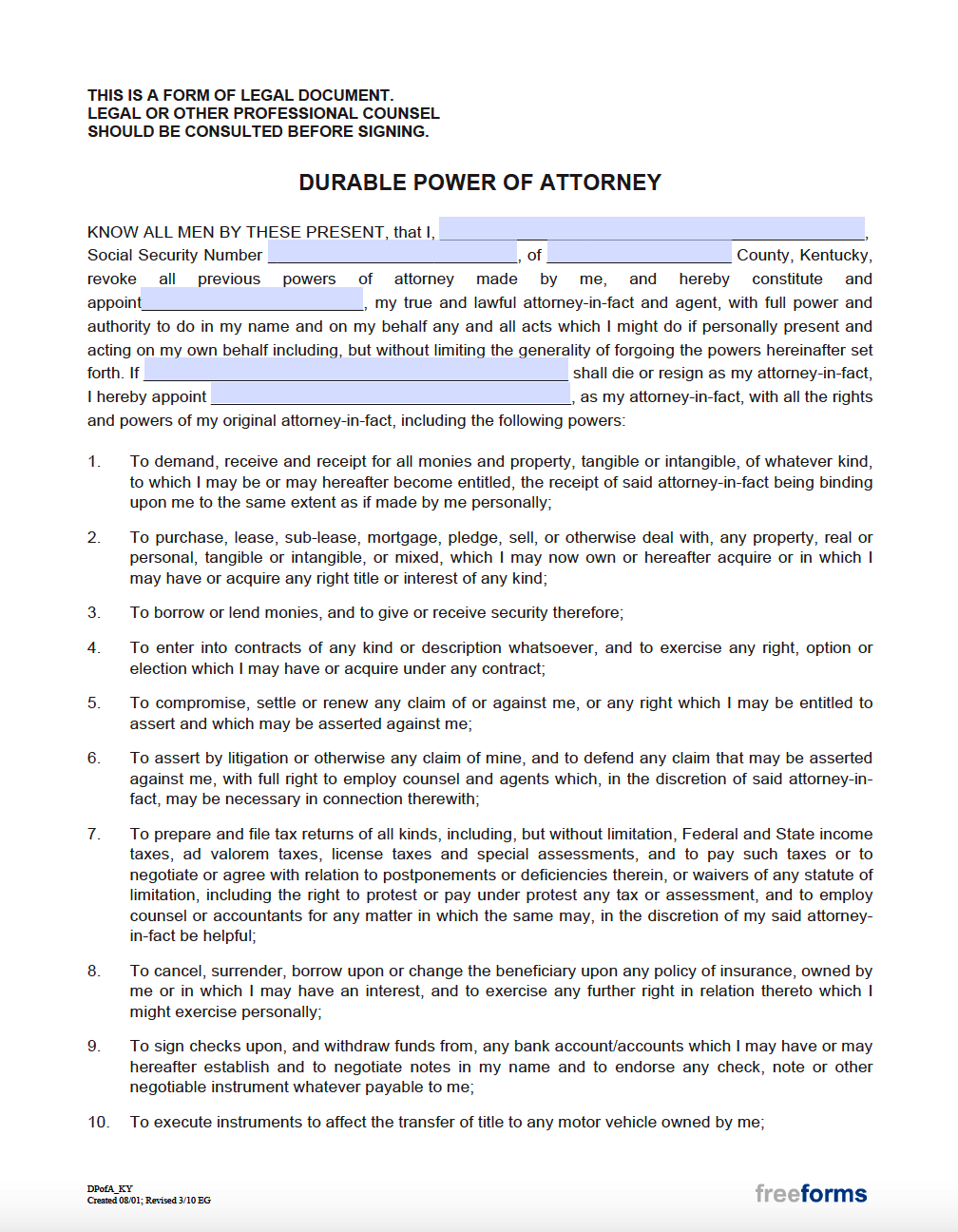 Free Kentucky Durable Financial Power Of Attorney Form Pdf Word