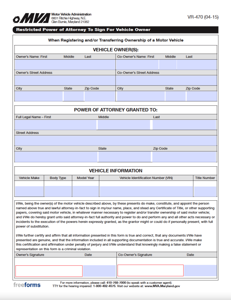 Free Maryland Motor Vehicle Power Of Attorney Form Pdf