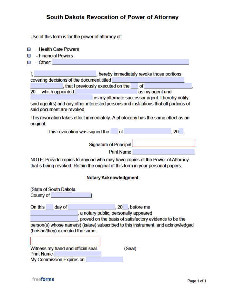 Free South Dakota Power Of Attorney Forms Pdf Word