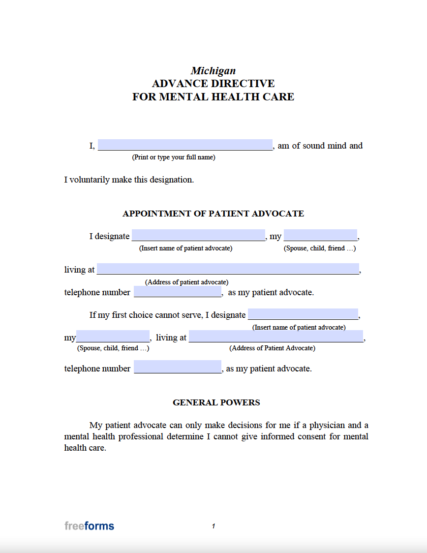 Free Michigan Advance Directive Form Medical POA Living Will PDF