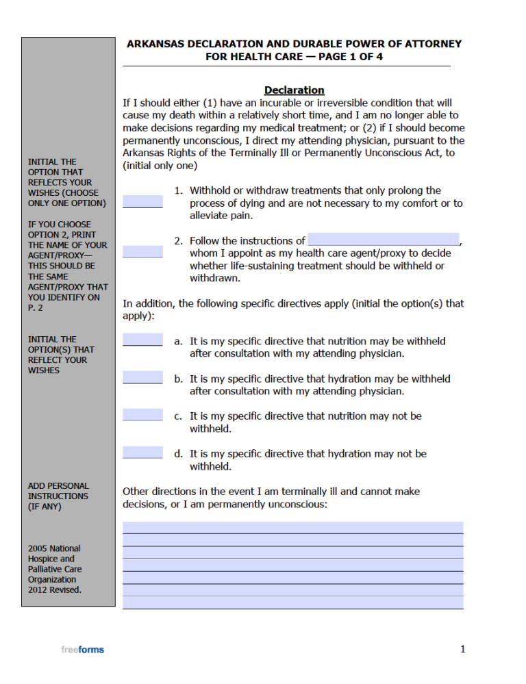 Free Arkansas Advance Directive Form Medical Poa Living Will Pdf