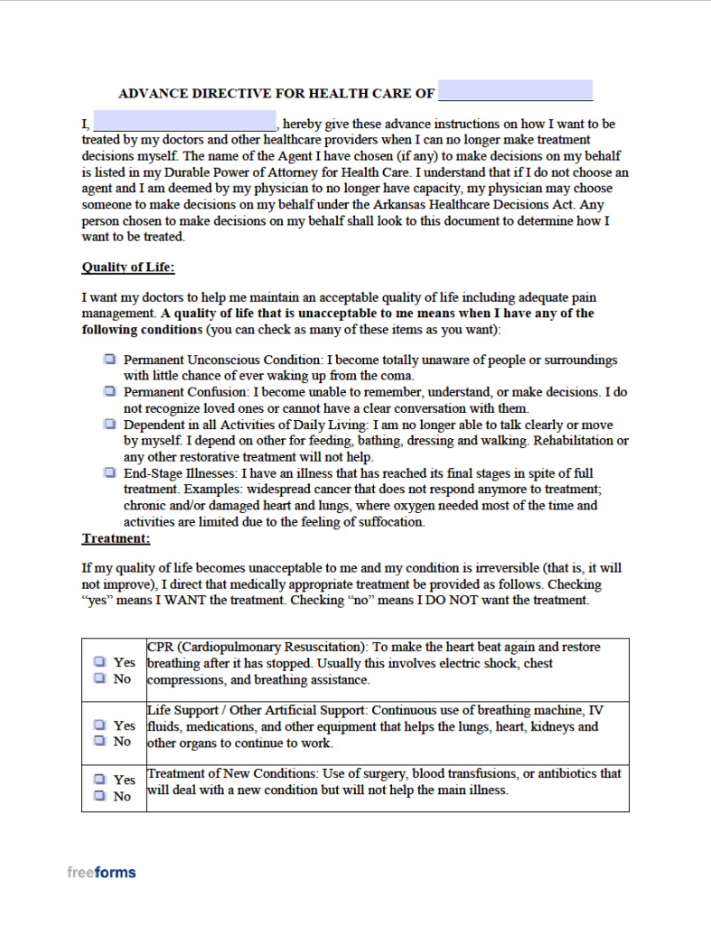 Free Arkansas Advance Directive Form Medical Poa Living Will Pdf