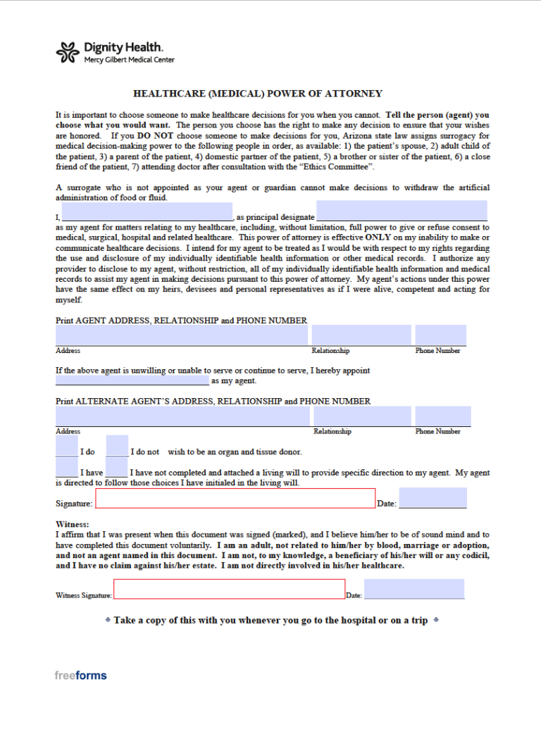 Free Arizona Medical Health Care Power Of Attorney Form Pdf