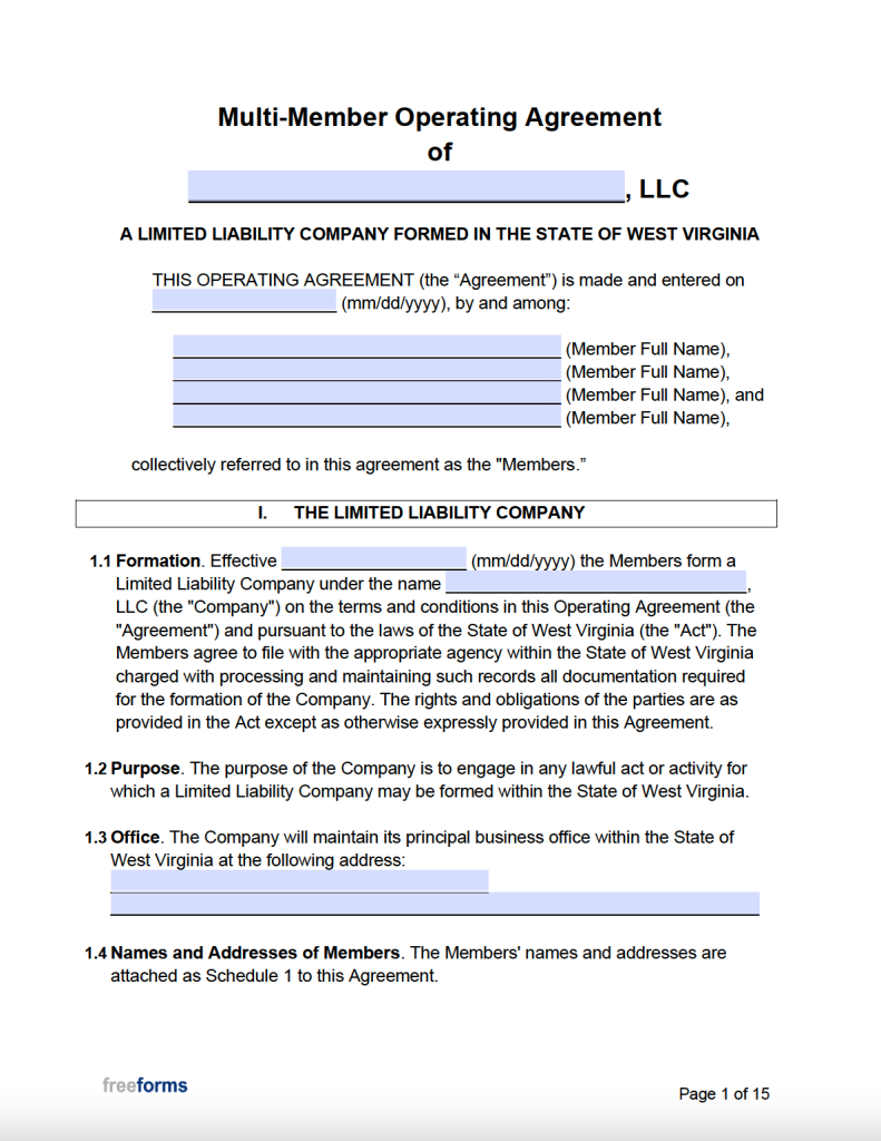 Free West Virginia Multi Member LLC Operating Agreement Form PDF WORD