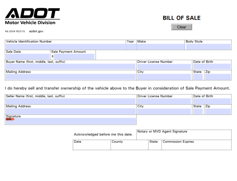 Free Arizona Motor Vehicle (DMV) Bill of Sale Form PDF