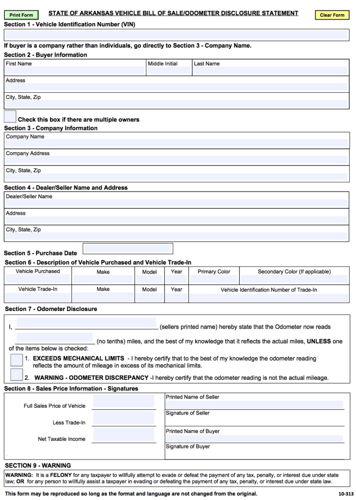 Free Arkansas Motor Vehicle DMV Bill Of Sale Form PDF