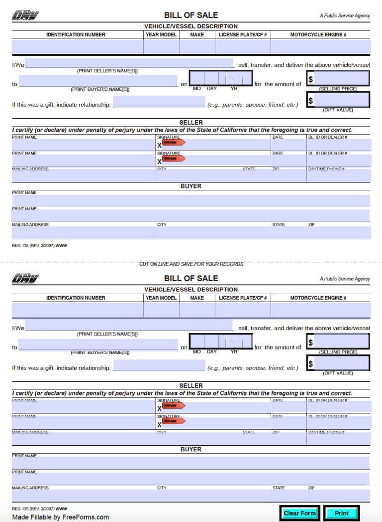 california free bill of sale template for car