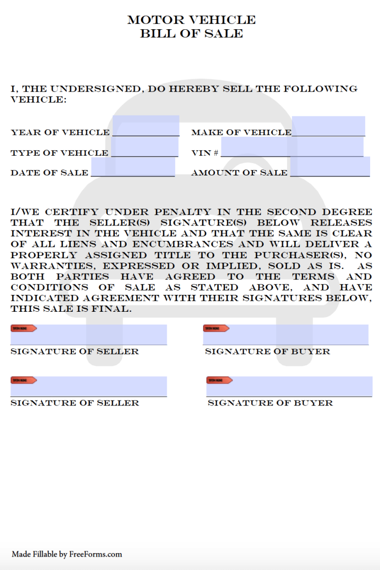 Motor Vehicle Bill Of Sale Colorado Template