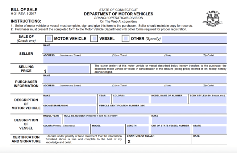 Free Connecticut Motor Vehicle / Vessel (DMV) Bill of Sale Form | PDF