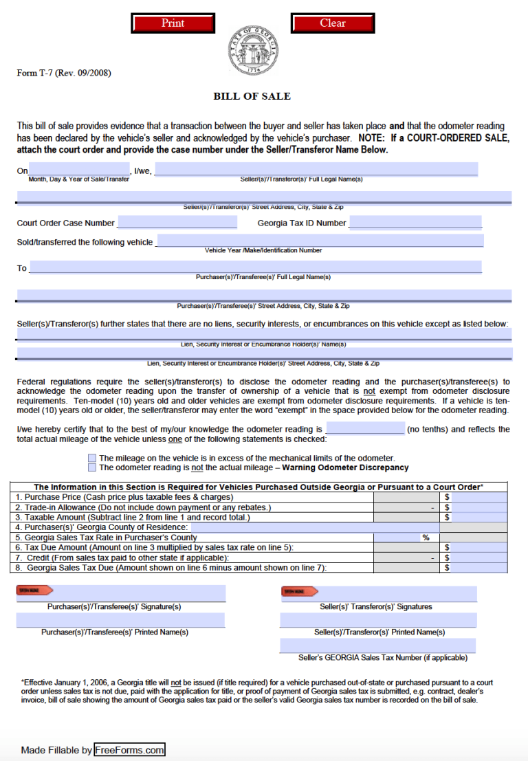 Free Georgia Motor Vehicle DMV Bill Of Sale Form PDF