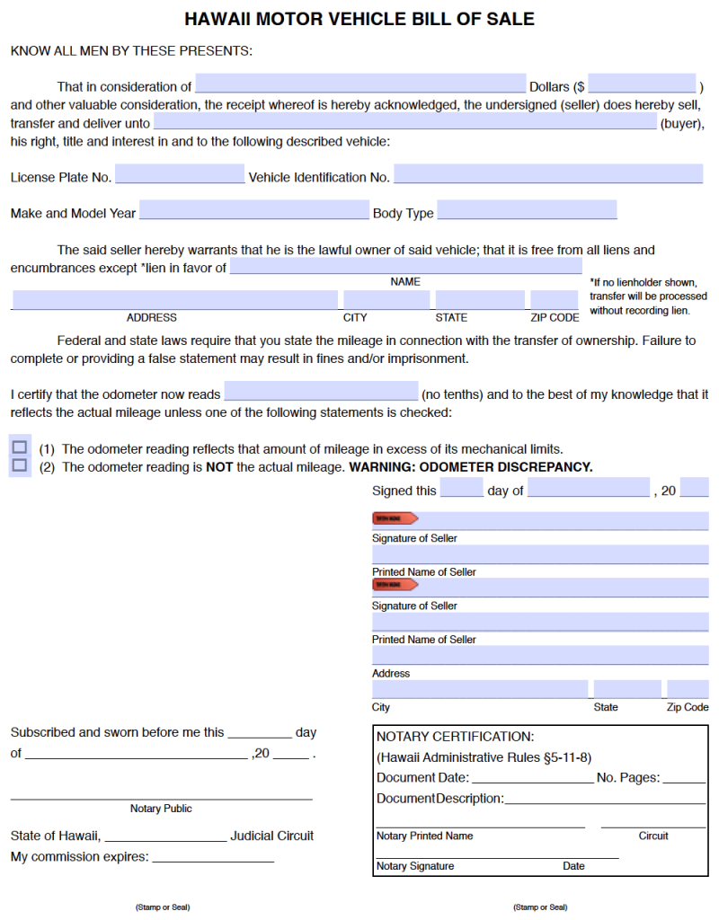 Free Hawaii Motor Vehicle (DMV) Bill of Sale Form PDF
