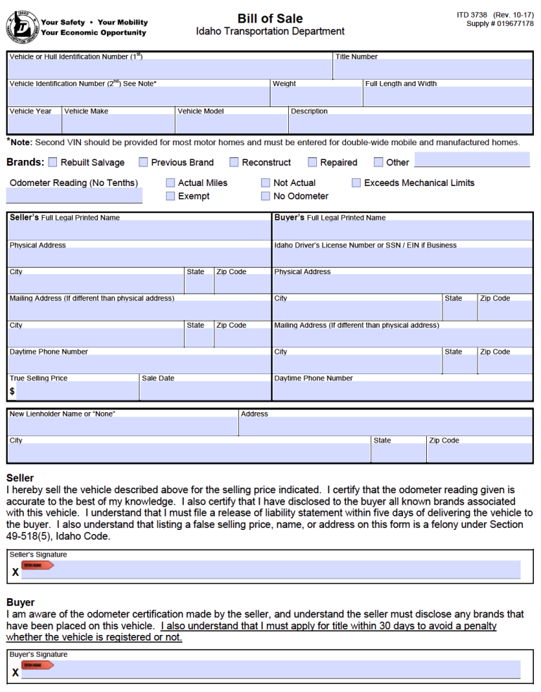 Free Idaho (DMV) Bill of Sale Form for Motor Vehicle, Trailer, or Boat