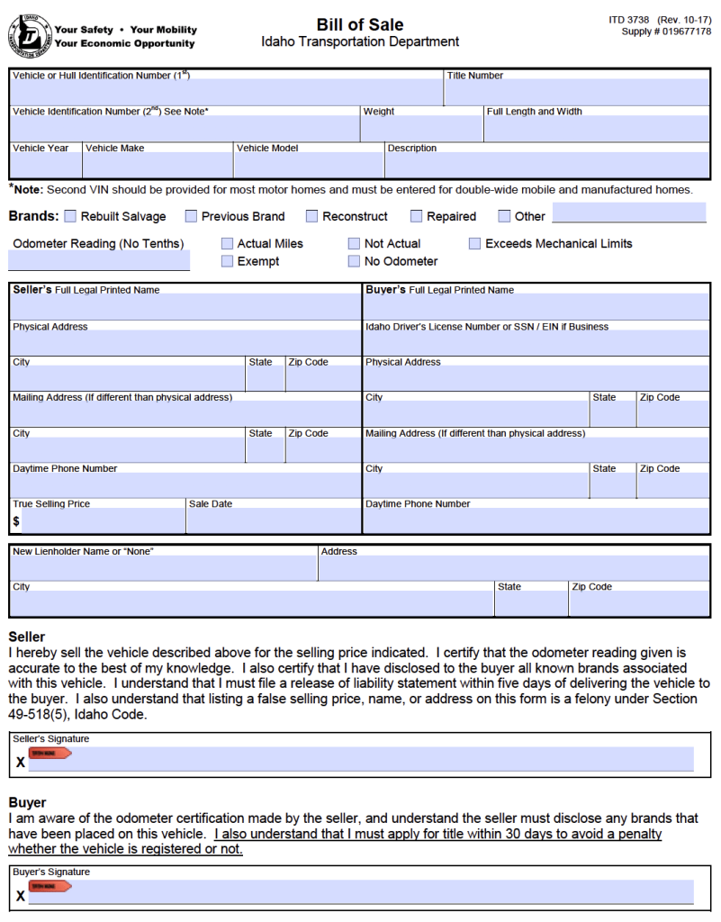 Free Idaho (DMV) Bill of Sale Form for Motor Vehicle, Trailer, or Boat ...