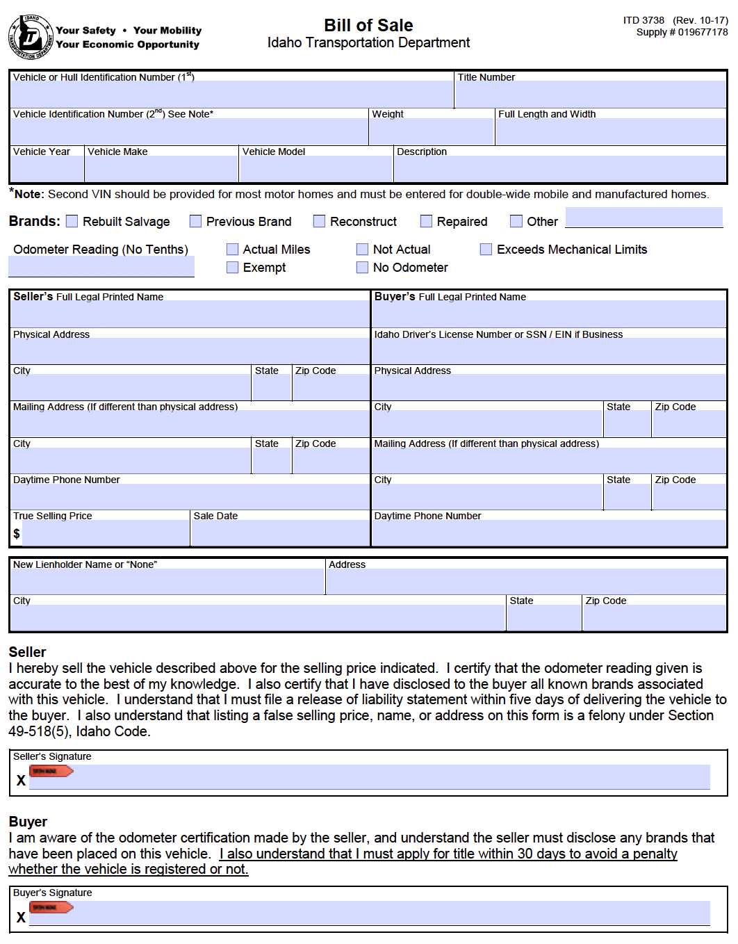 Free Idaho Motor Vehicle Bill Of Sale Form Pdf Word Sexiz Pix