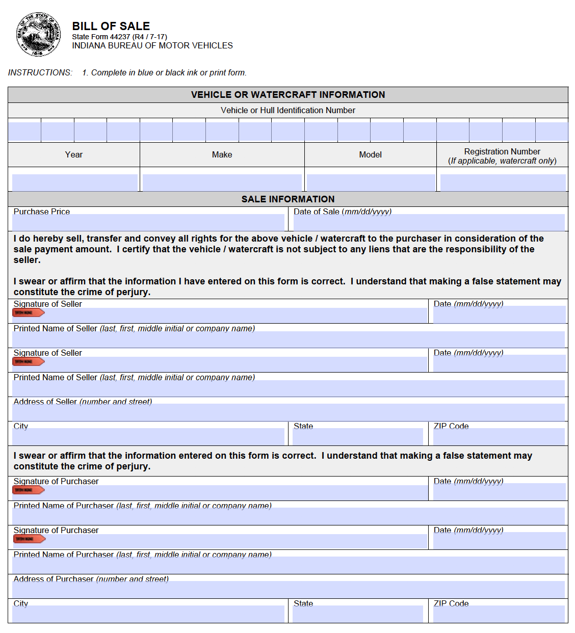 Free Indiana Bill of Sale Forms PDF