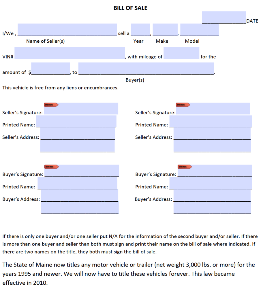 Free Maine Bill of Sale Forms | PDF