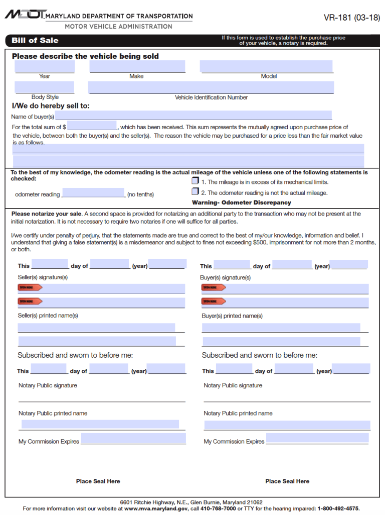 free maryland motor vehicle dmv bill of sale form pdf