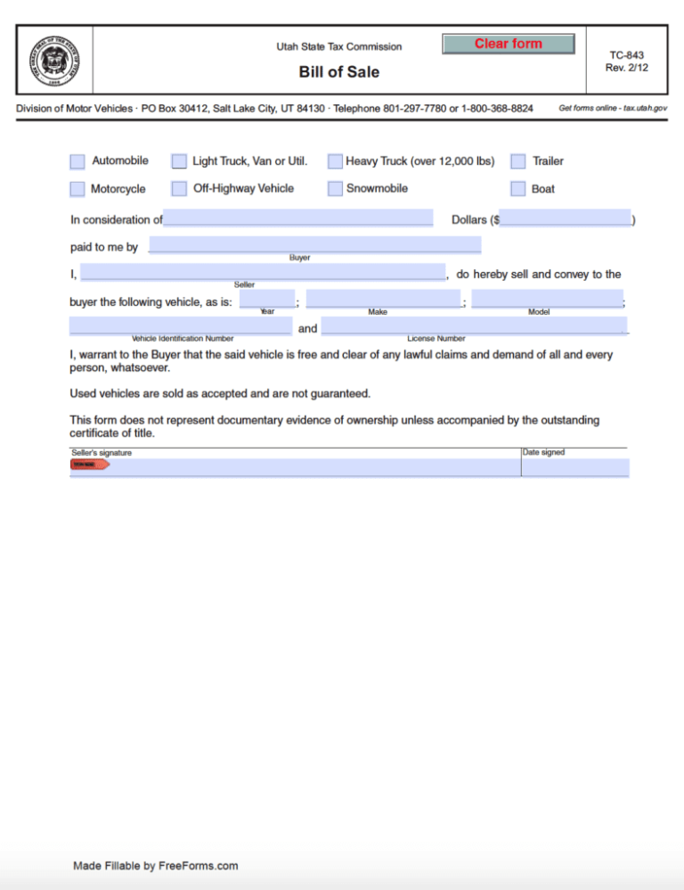 Printable Bill Of Sale Utah Printable World Holiday