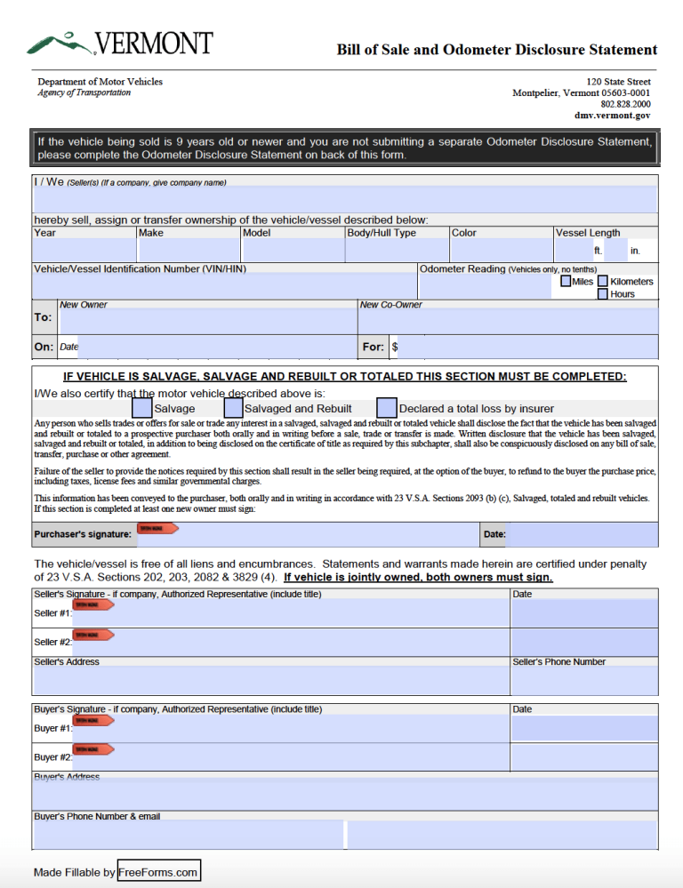 Free Vermont Motor Vehicle Vessel Dmv Bill Of Sale Form Pdf 4453