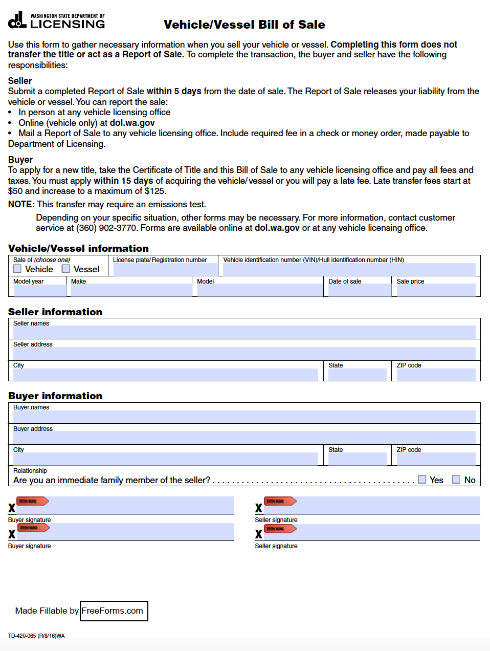 Free Washington Bill Of Sale Forms PDF