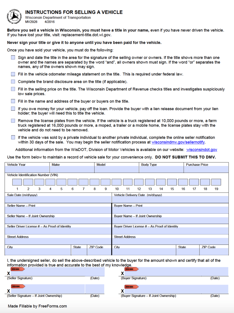 Free Wisconsin (DMV) Bill of Sale Form for Motor Vehicle Trailer or