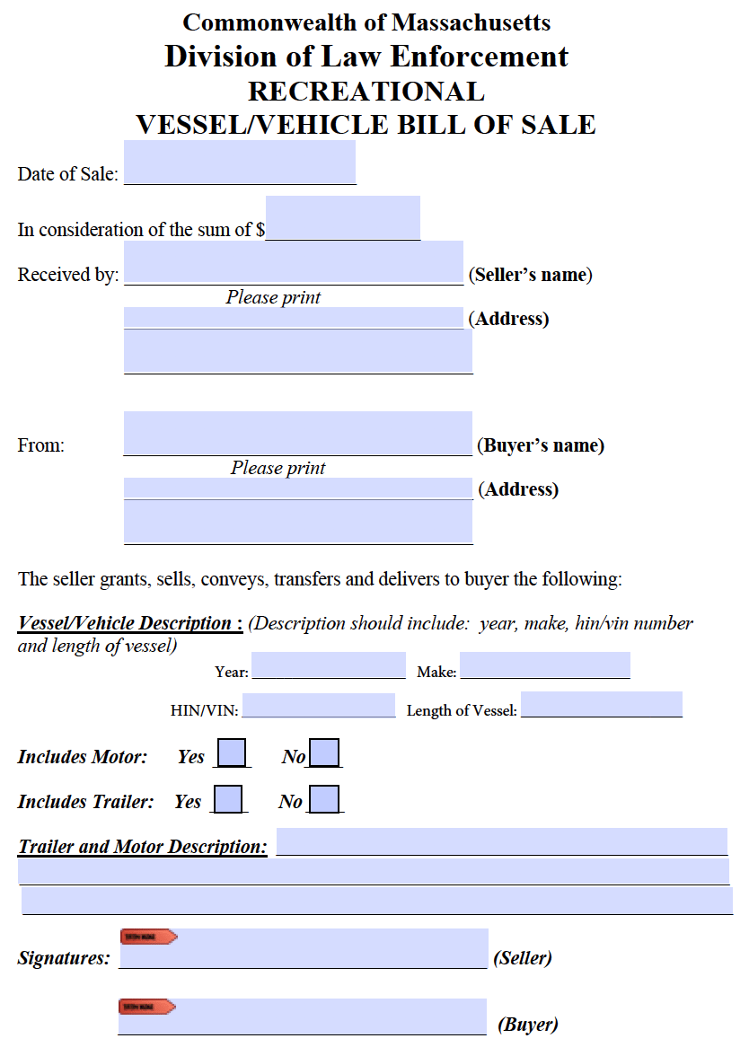 Printable Motor Vehicle Bill Of Sale Ma