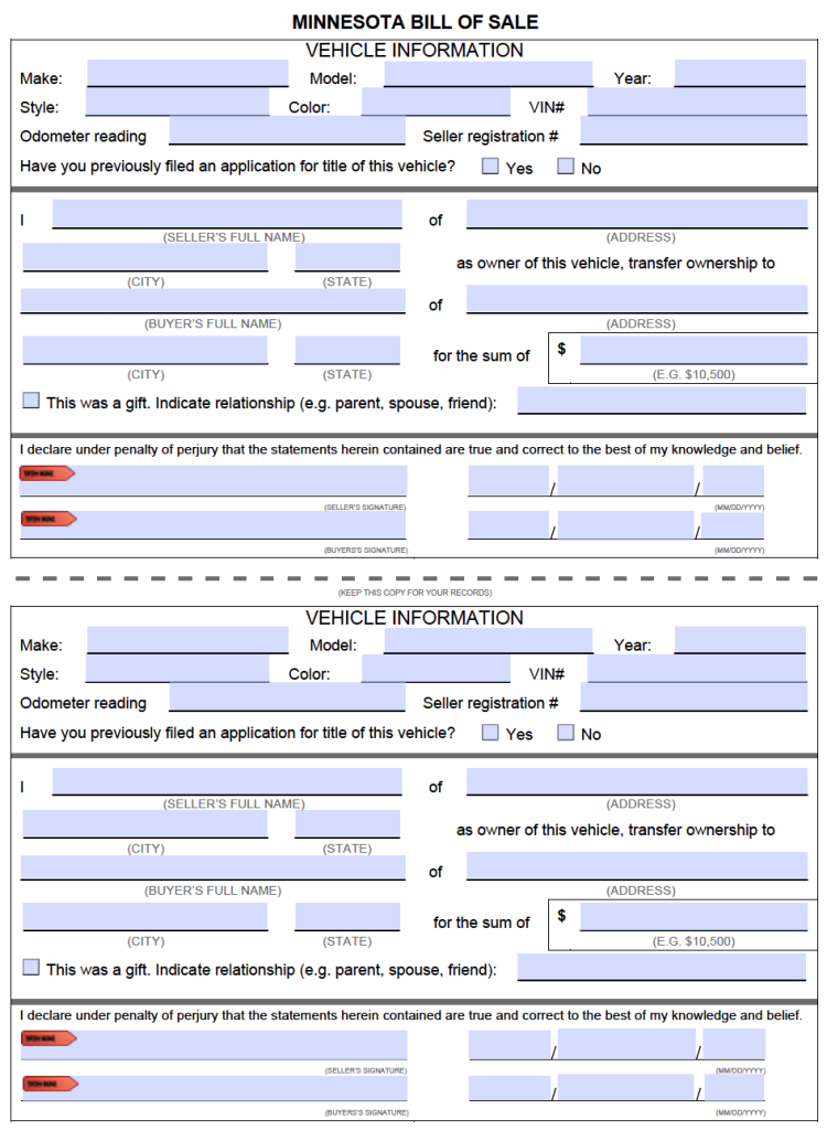 Free Minnesota Motor Vehicle (DMV) Bill of Sale Form | PDF