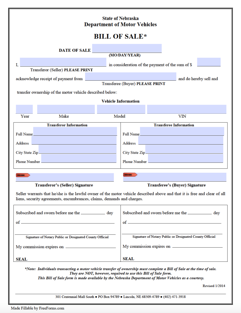 free nebraska motor vehicle dmv bill of sale form pdf