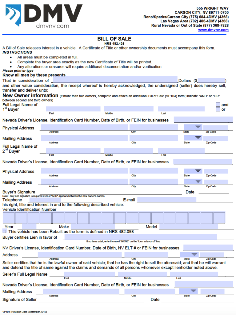 Free Nevada Bill Of Sale Forms Pdf 5483