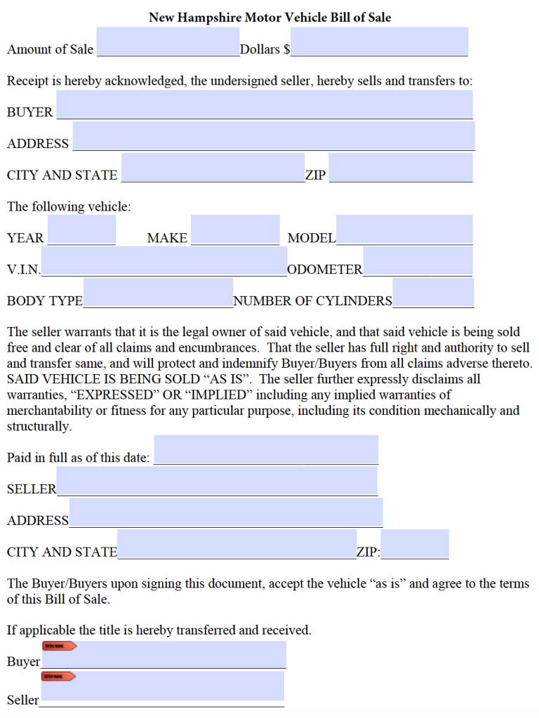 Free New Hampshire Bill Of Sale Forms PDF