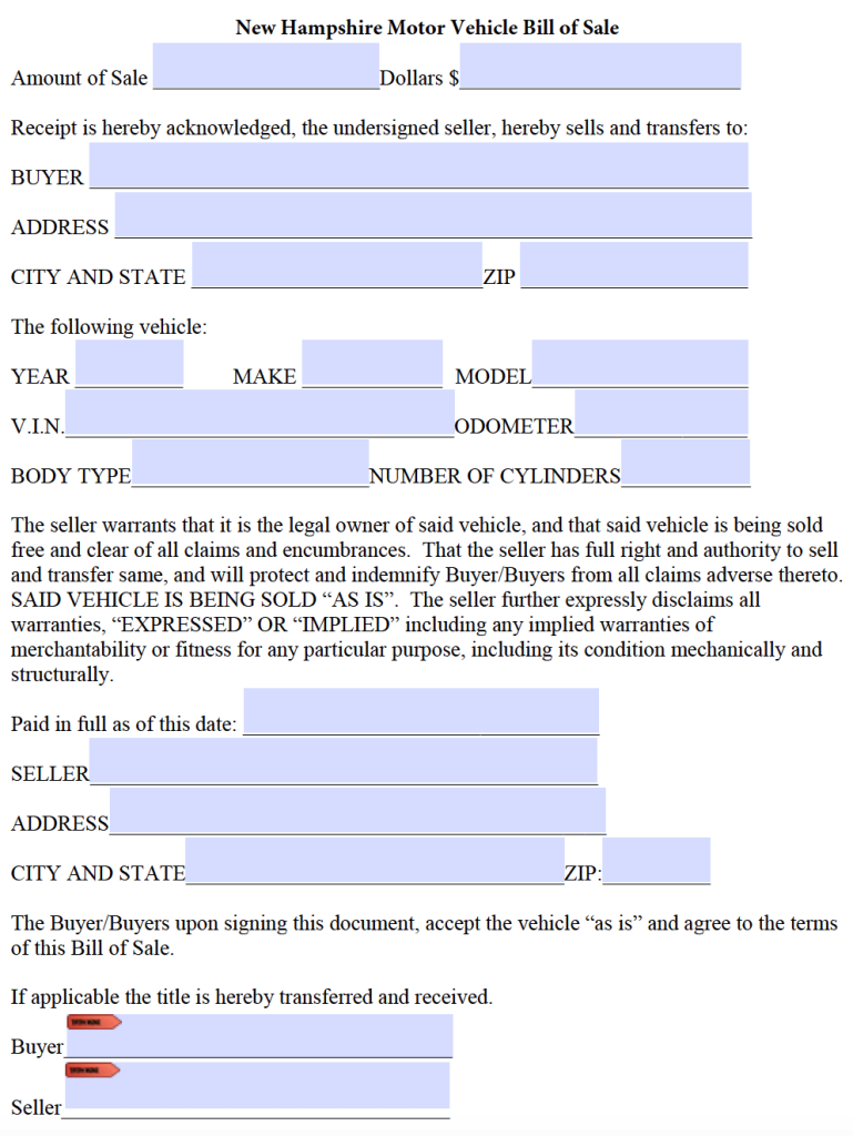 free new hampshire bill of sale forms pdf