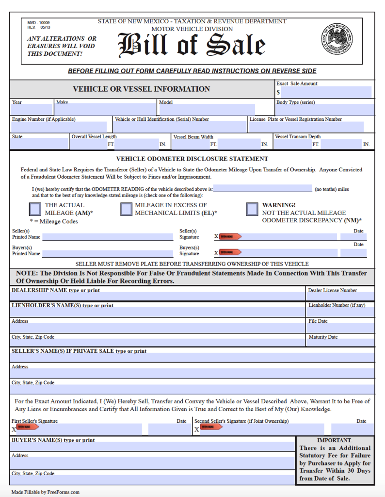 Free New Mexico Bill Of Sale Forms PDF   New Mexico Motor Vehicle Bill Of Sale Form 794x1024 