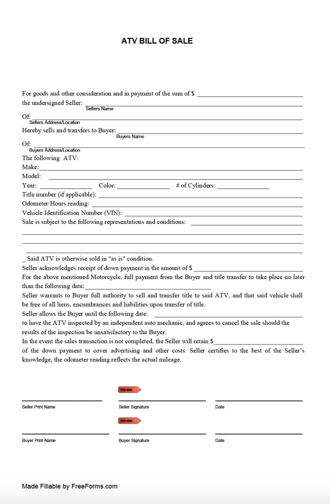 Free AllTerrain Vehicle (ATV) Bill of Sale Form PDF
