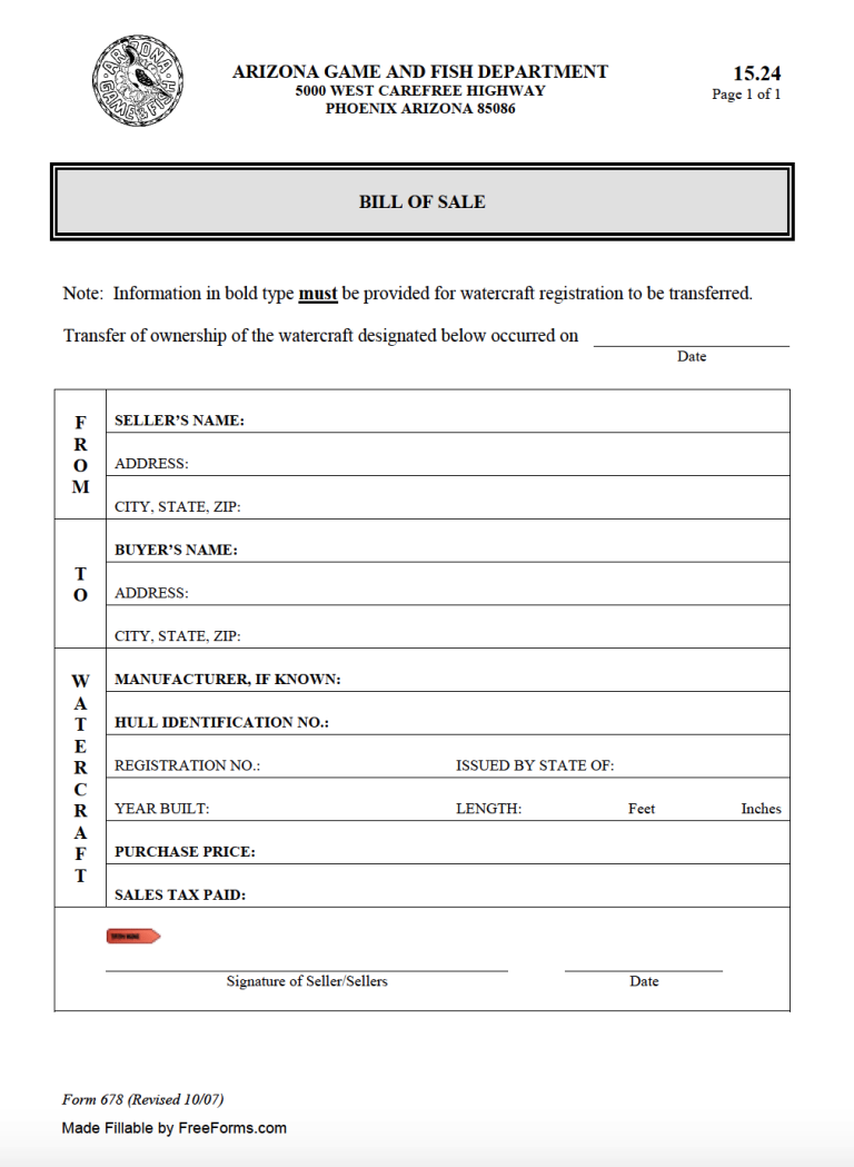 Free Arizona Bill Of Sale Forms Pdf 7566