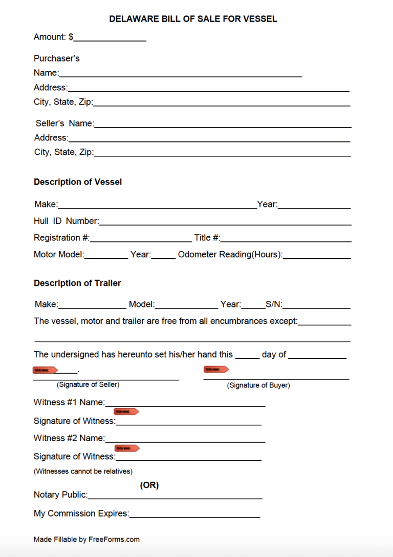 Free Delaware Boat (Vessel) Bill of Sale Form PDF