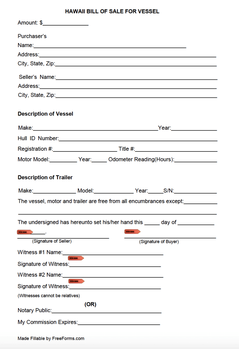 Free Hawaii Boat (Vessel) Bill of Sale Form PDF