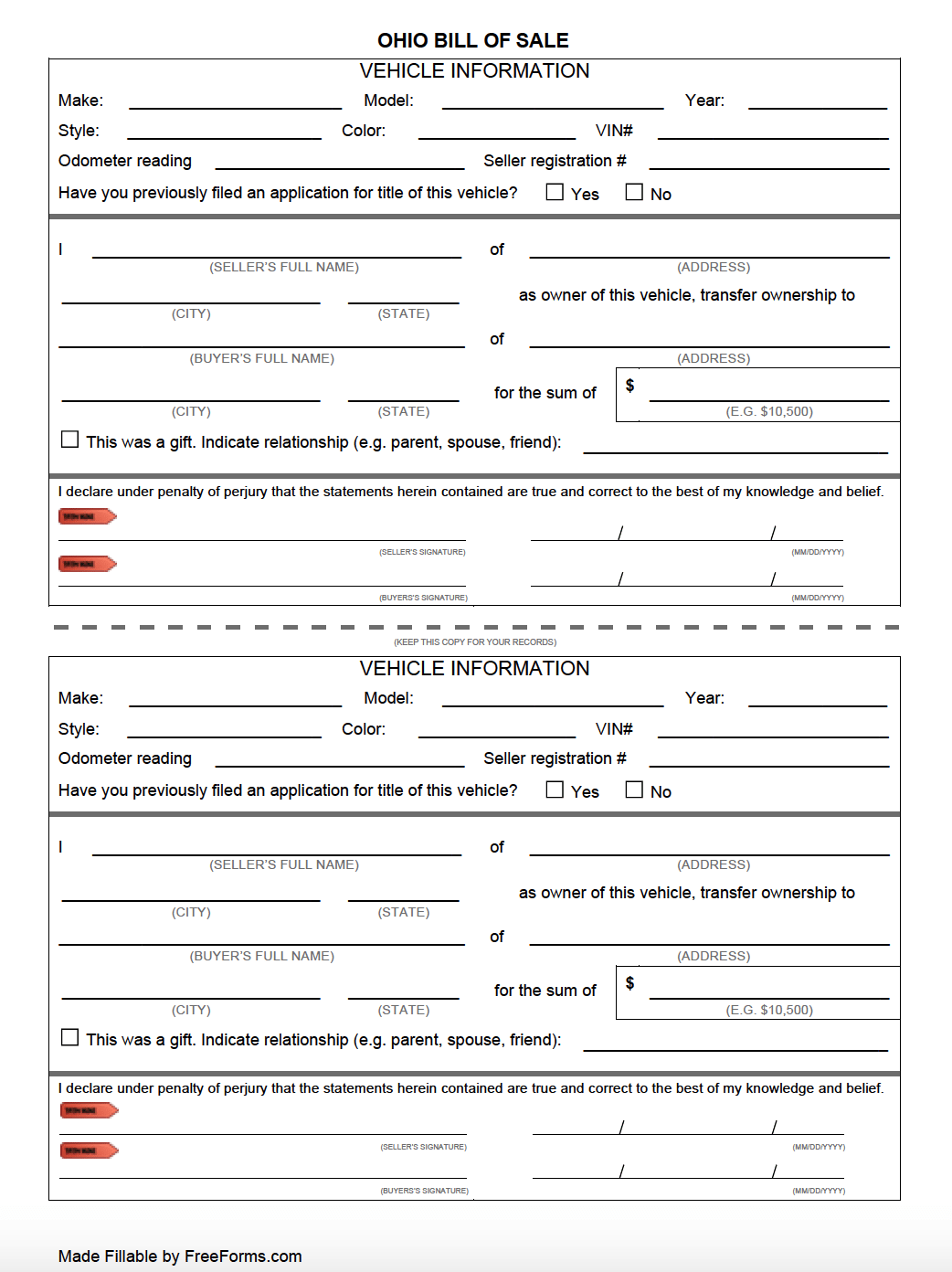Free Ohio Motor Vehicle (DMV) Bill of Sale Form PDF
