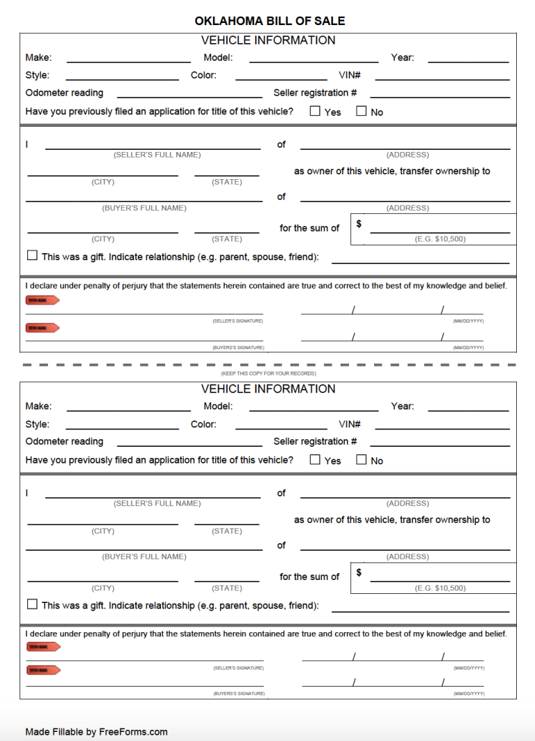 Free Oklahoma Bill Of Sale Forms PDF