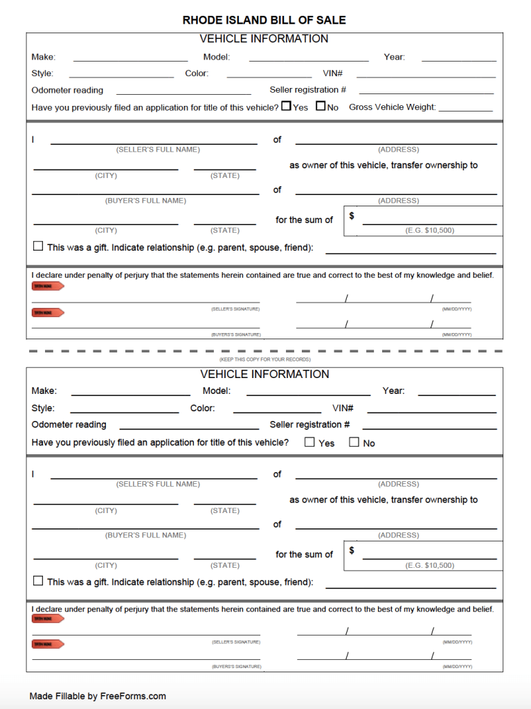 Free Rhode Island Motor Vehicle (DMV) Bill of Sale Form PDF