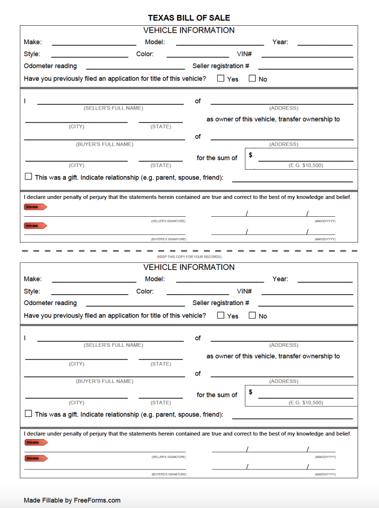 Free Texas Bill of Sale Forms PDF