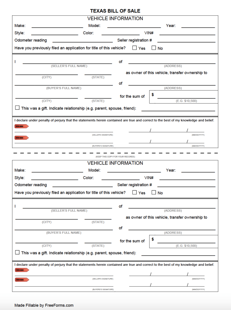Free Texas Bill of Sale Forms | PDF