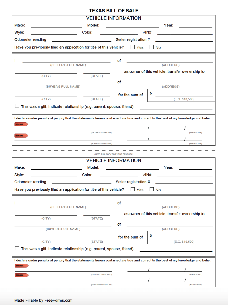 Free Texas (DMV) Bill of Sale Form for Motor Vehicle, Trailer, or Boat