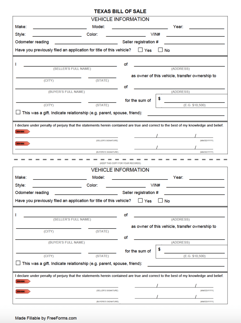 Free Texas DMV Bill Of Sale Form For Motor Vehicle Trailer Or Boat 