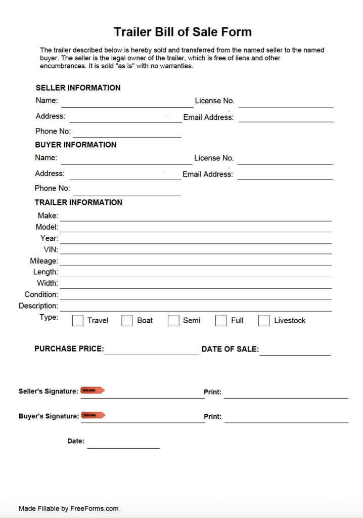 printable utility trailer bill of sale template free