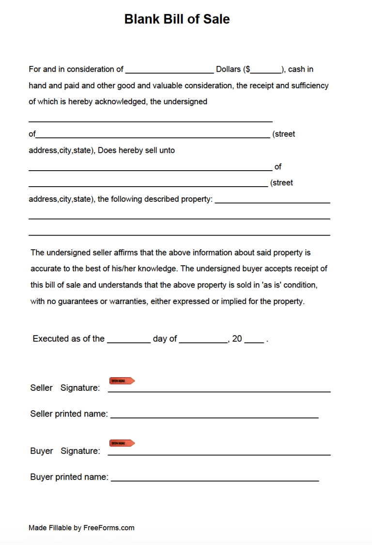 Free Blank Bill of Sale Form | PDF